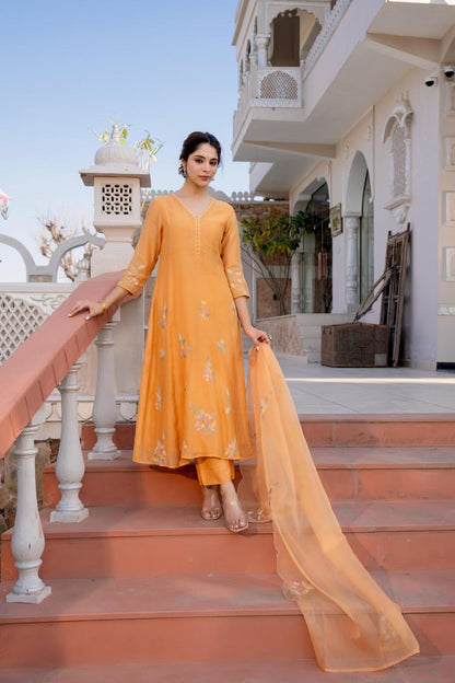 Mul Chanderi Kurta Pant Dupatta Set with Hand Embroidery and Work for Women