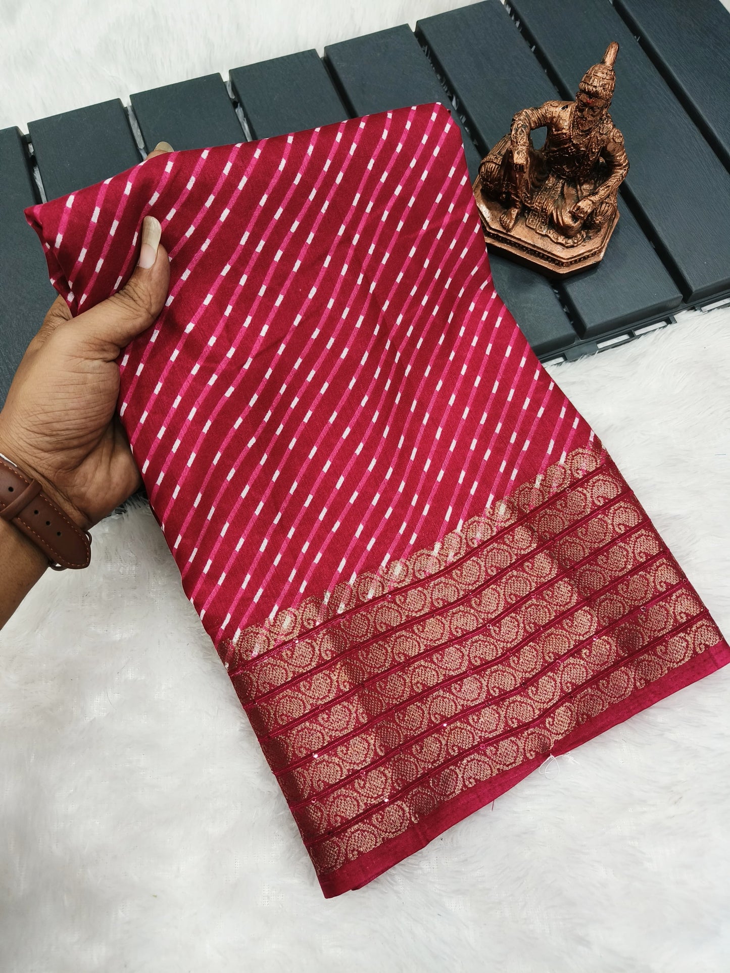 Butter Dola Silk Bandhej Saree with Mothra Leheriya Print and Golden Rudraksh Border – With Blouse Piece