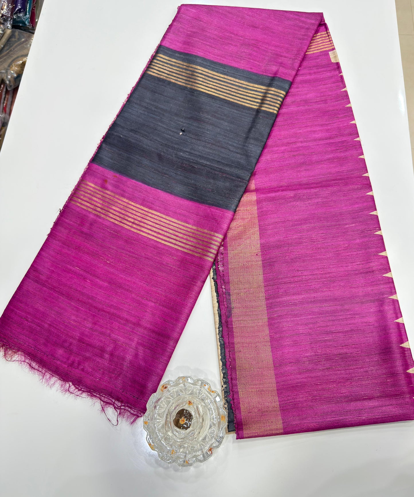 Pure Tussar Ghicha Silk Saree with Zari Border and Printed Design – Silk Mark Certified Handloom Saree