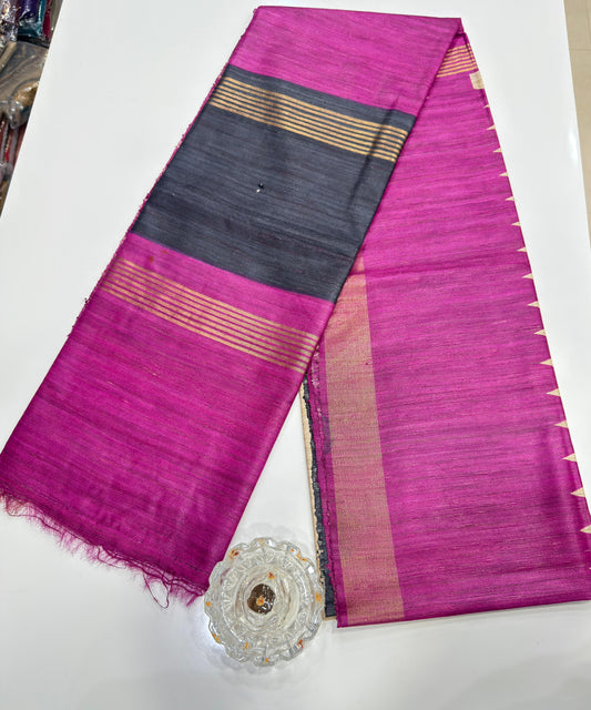 Pure Tussar Ghicha Silk Saree with Zari Border and Printed Design – Silk Mark Certified Handloom Saree