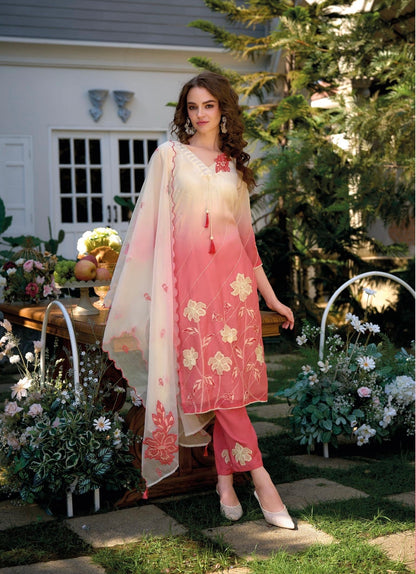 Pure Cotton Kurti Pant Set with Organza Dupatta, Thread and Applique Work – Women’s Summer Ethnic Wear