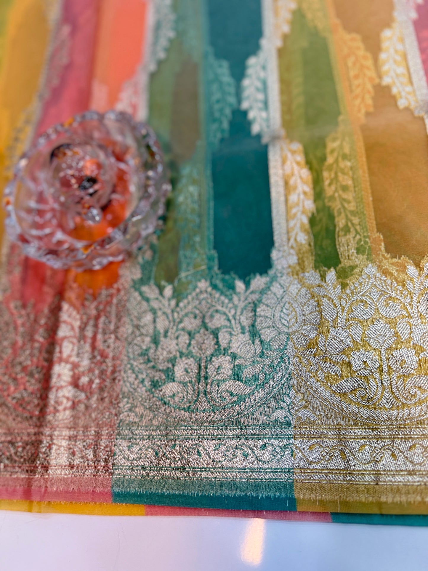 Banarasi handloom kora organza rankaat saree with allover zari stripe weaving and blouse piece