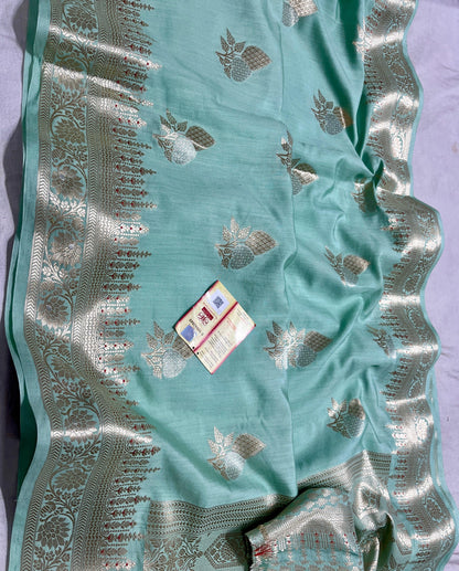 Handloom Chhiniya Silk Saree in Sea Green with Meenakari Zari Weaving and Buta Motifs for Women