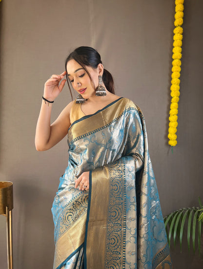 Kanchipuram Silk Saree with Intricate Zari Weaving, Rich Pallu, and Coordinated Blouse