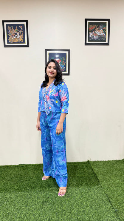 Designer Natural Crepe Digital Printed Crop Top with Divider for Women – Handwork Detailing