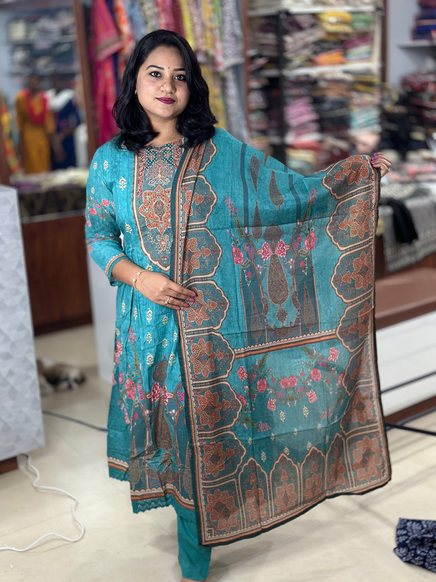 Mughal Print Mul Cotton A-Line Kurti Pant Dupatta Set with Zari and Mirror Work – Women’s Ethnic Wear