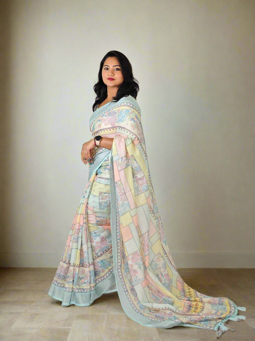 Soft Pure Linen Saree with Floral Print, Kantha Lotus Border, Zari Lining, and Running Blouse