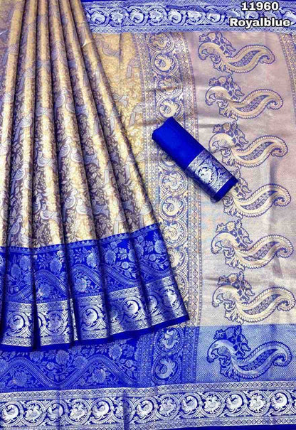 Kanjivaram Pattu Silk Saree with Pure Silver Zari Weaving, Contrast Border and Blouse for Women