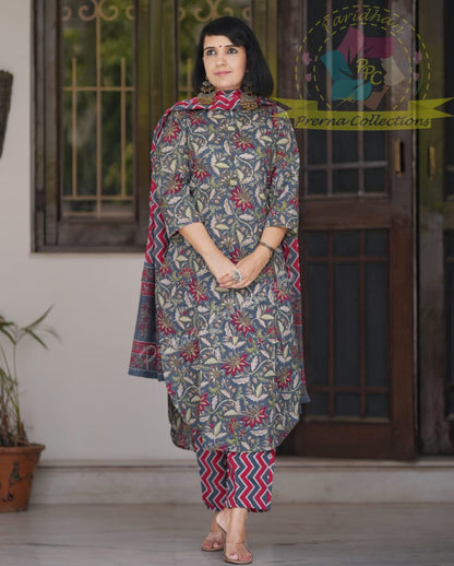 Pure Cotton Floral Kurti Pant Dupatta Set for Women – Printed 3-Piece Ethnic Wear – Sizes 36 38