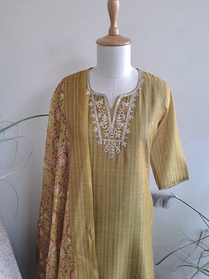 Digital Chanderi Kurta Set with Sequence and Zari Pittan Embroidery, Cotton Pant and Printed Dupatta