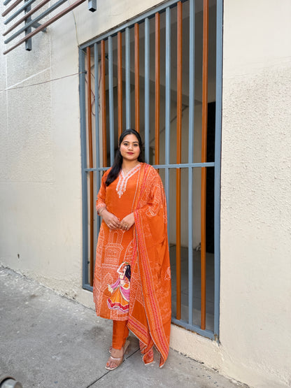 Pure natural crepe kurti pant dupatta set with handwork and cotton lining for women