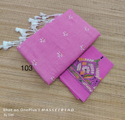 Handloom Cotton Saree with Katha Stitch Embroidery and Blouse Piece – Summer Wear