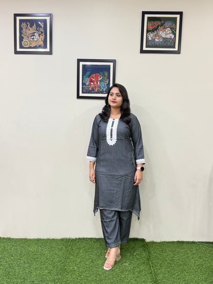 Premium Fancy Denim Co-Ord Set for Women with Thread Work – Fish-Cut Top and Pocket Pant