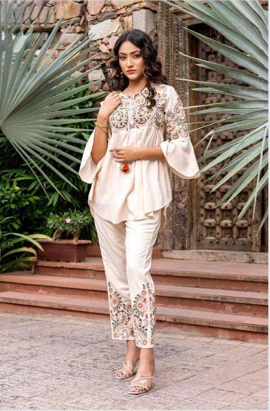 Embroidered Cotton Blend Kurta Pant Set with Bell Sleeves and Hem Work for Women