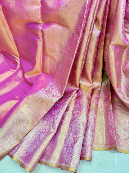 Borderless Pure Silk Saree in Bright Pink with Zari Weaving – Bridal Handloom Saree