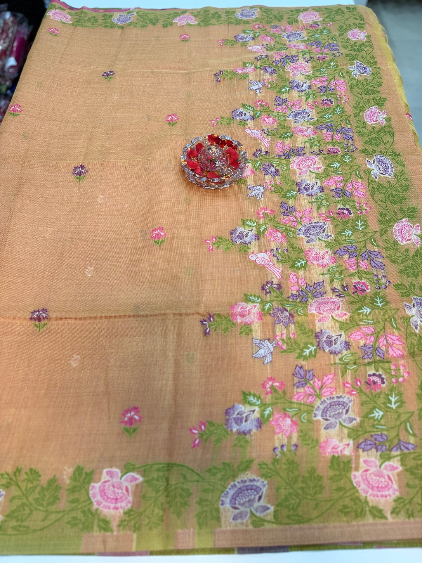 Tissue chanderi saree with floral border and tassel pallu, pastel printed saree for women