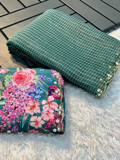 Handwork Nora Chex Saree with Pearl, Cutdana & Sequin Embroidery and Bangalori Silk Blouse