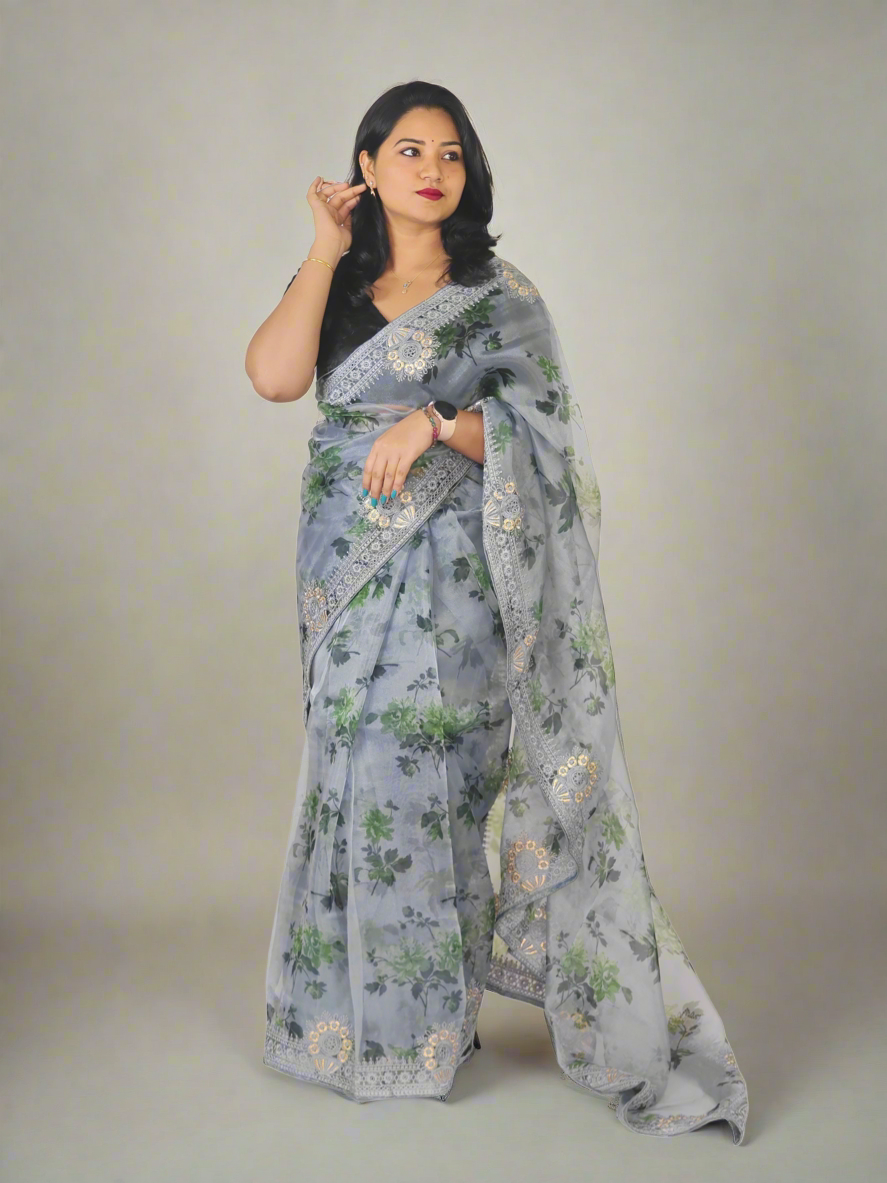 Organza Silk Saree with Digital Print and Viscos Thread Work – Banglori Silk Blouse Included