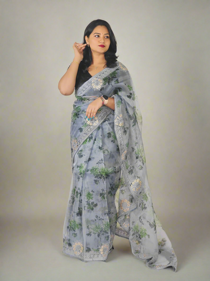 Organza Silk Saree with Digital Print and Viscos Thread Work – Banglori Silk Blouse Included