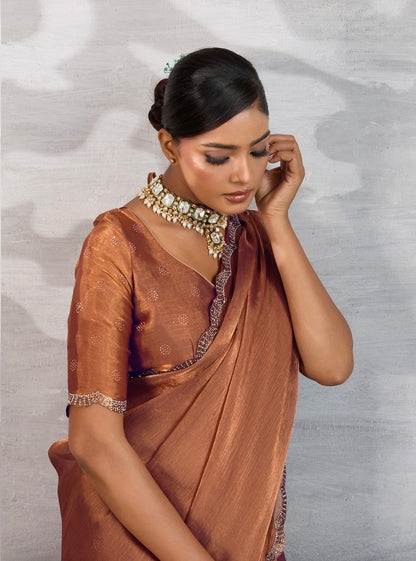 Burberry Chiffon Saree with Zarkan and Cutdana Appliqué Lace Work – Designer Party Wear Saree for Women