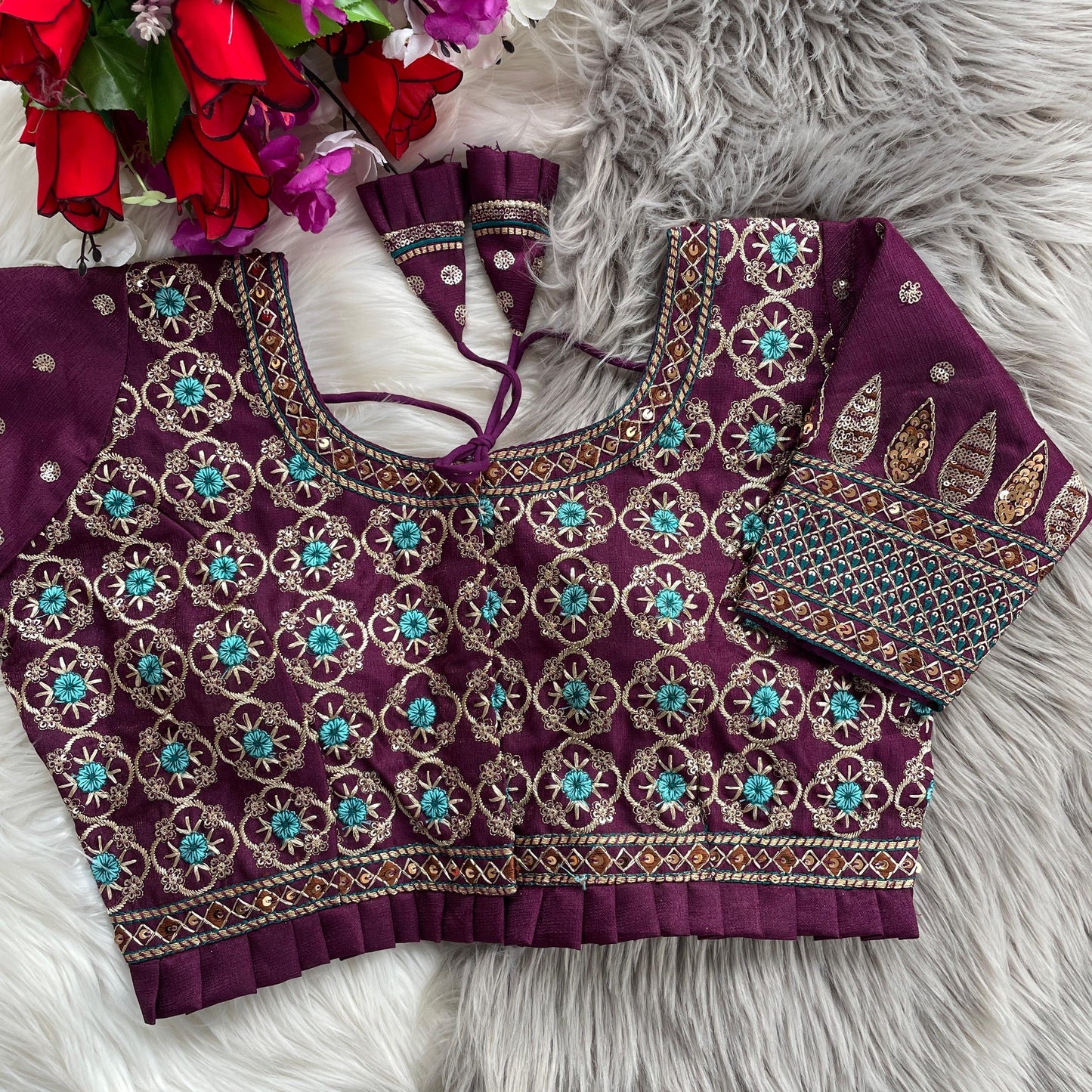 Bridal Blouse in Heavy Pure Soft Cobra Silk with Sequins Embroidery and Latkan Detailing