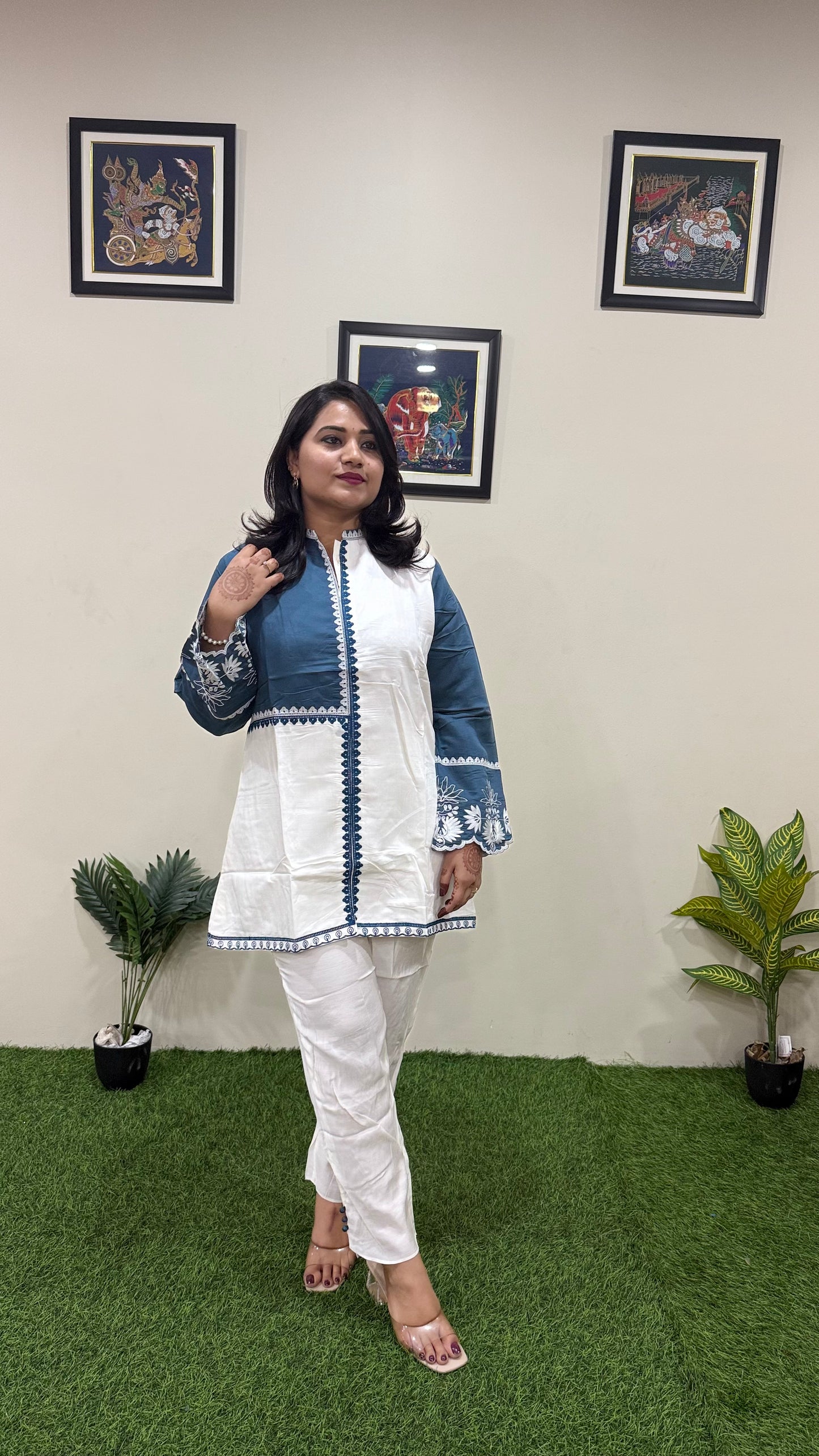 Women's Pure Silk Co-ord Set in White and Teal with Embroidered Sleeves and Trim Detailing