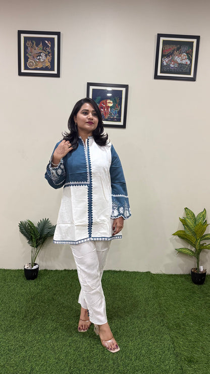 Women's Pure Silk Co-ord Set in White and Teal with Embroidered Sleeves and Trim Detailing