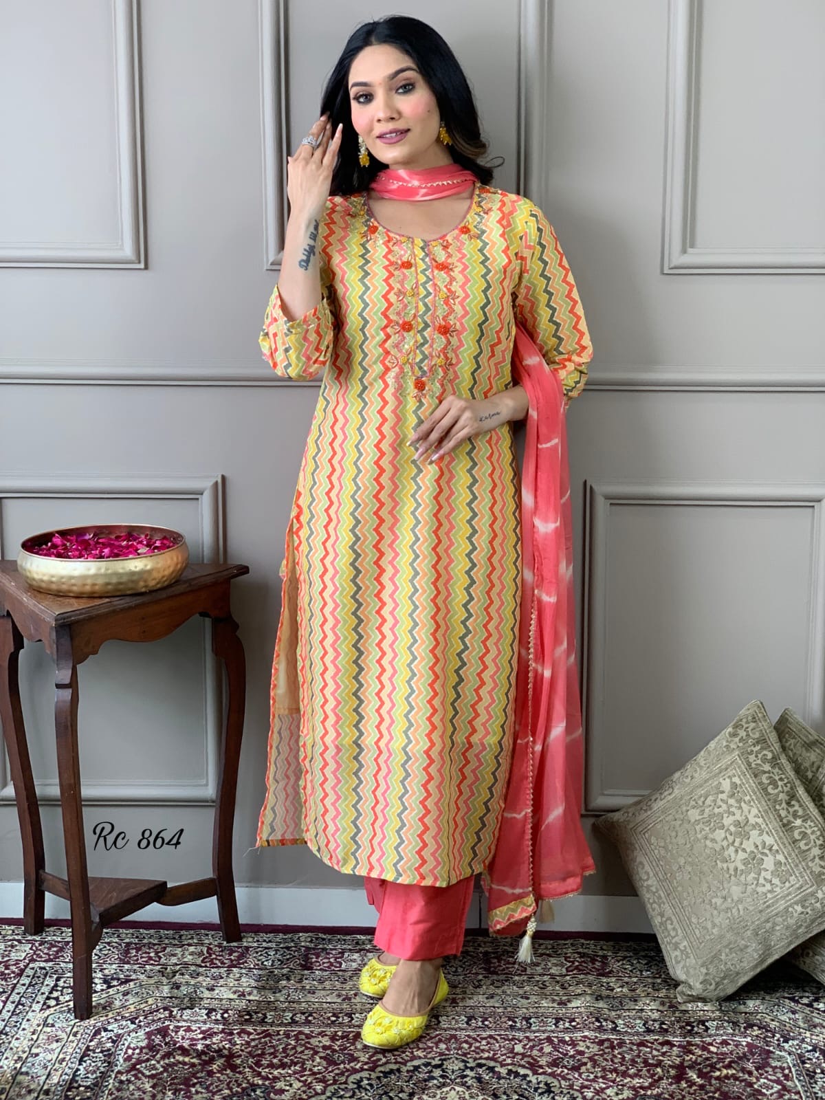 Chanderi Silk Printed Kurta Pant Set with Embroidery and Chiffon Dupatta for Women