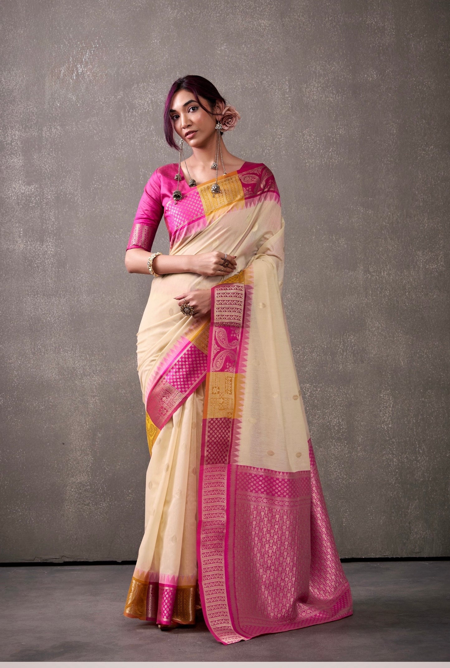 royal modal cotton saree with zari border and contrast blouse – festive ethnic wear for women