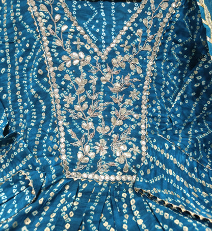 Rayon Bandhej Print Anarkali Kurta Suit Set with Handwork, Santoon Pants and Chiffon Dupatta for Women
