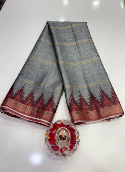 Semi Tussar Silk Saree with Contrast Border and Tassel Pallu for Women