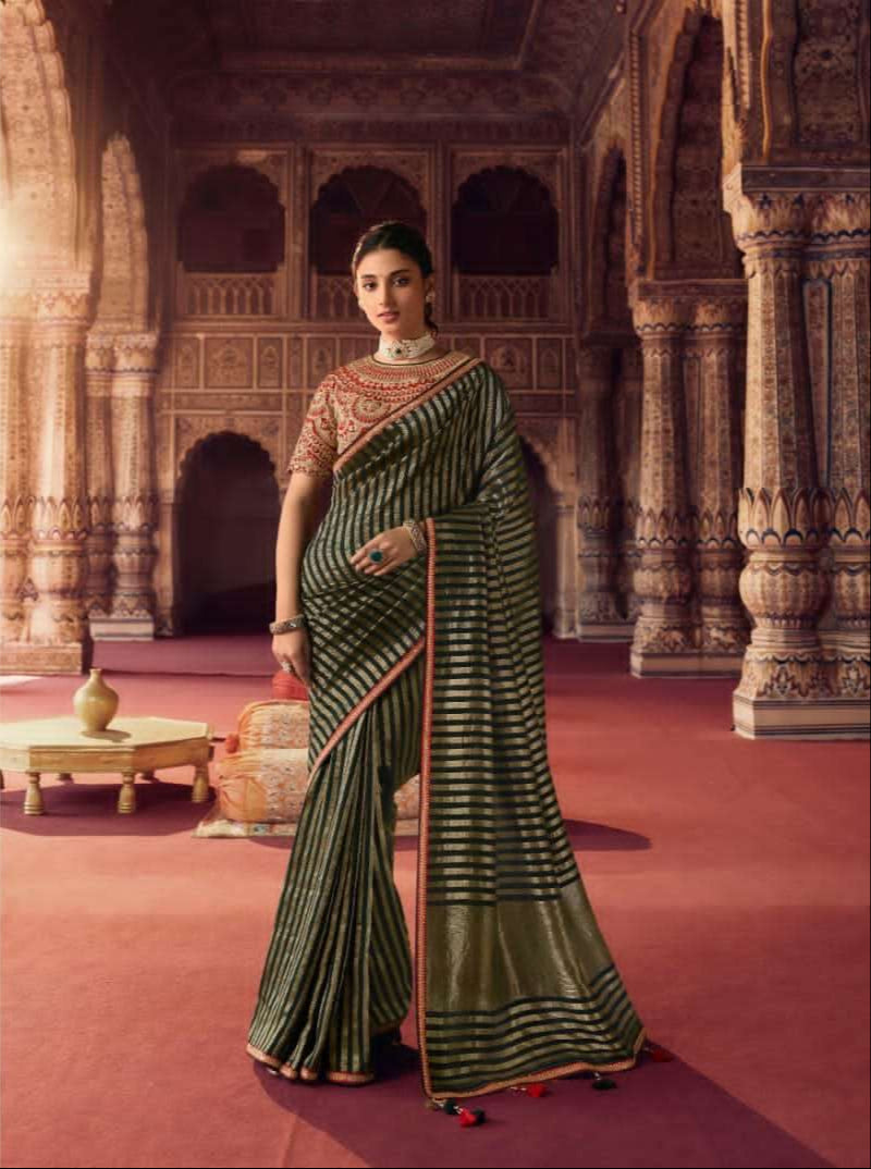 Olive Line Pattern Designer Silk Saree with Heavy Embroidery Work and Unstitched Blouse for Festive and Wedding Wear