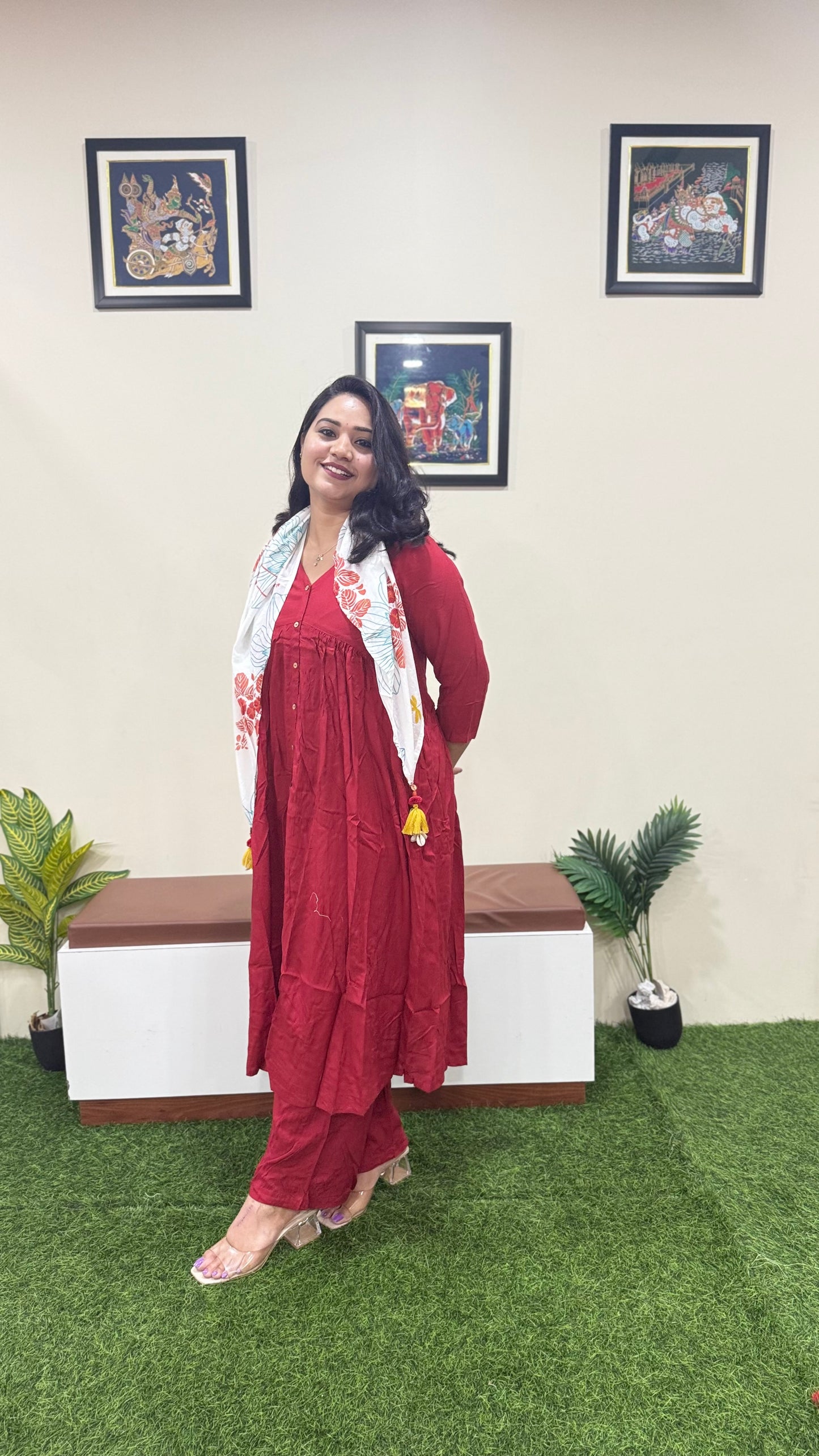 Rayon Solid Kurta Palazzo Scarf Set for Women | Maroon Flared Kurti with Pant and Printed Dupatta