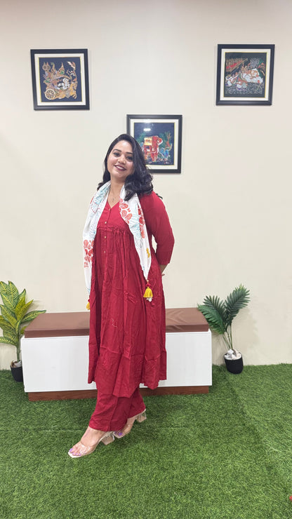 Rayon Solid Kurta Palazzo Scarf Set for Women | Maroon Flared Kurti with Pant and Printed Dupatta