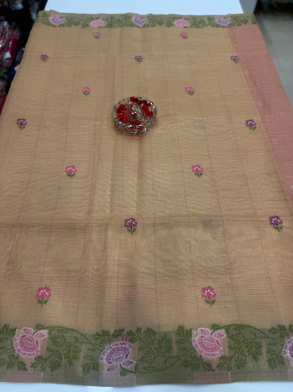 Tissue chanderi saree with floral border and tassel pallu, pastel printed saree for women