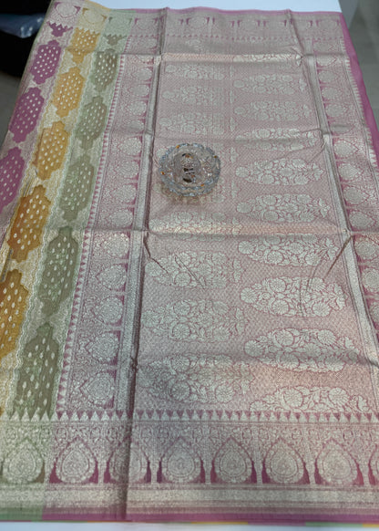 Banarasi handloom kora organza rankaat saree with allover zari stripe weaving and blouse piece