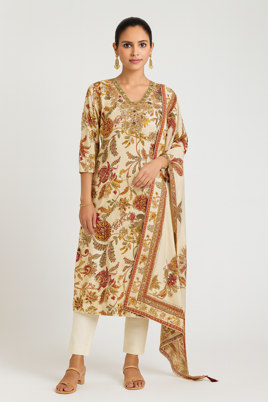 Natural Crepe Kurta Set with Mirror Handwork and Printed Viscose Dupatta – XL to 3XL Sizes