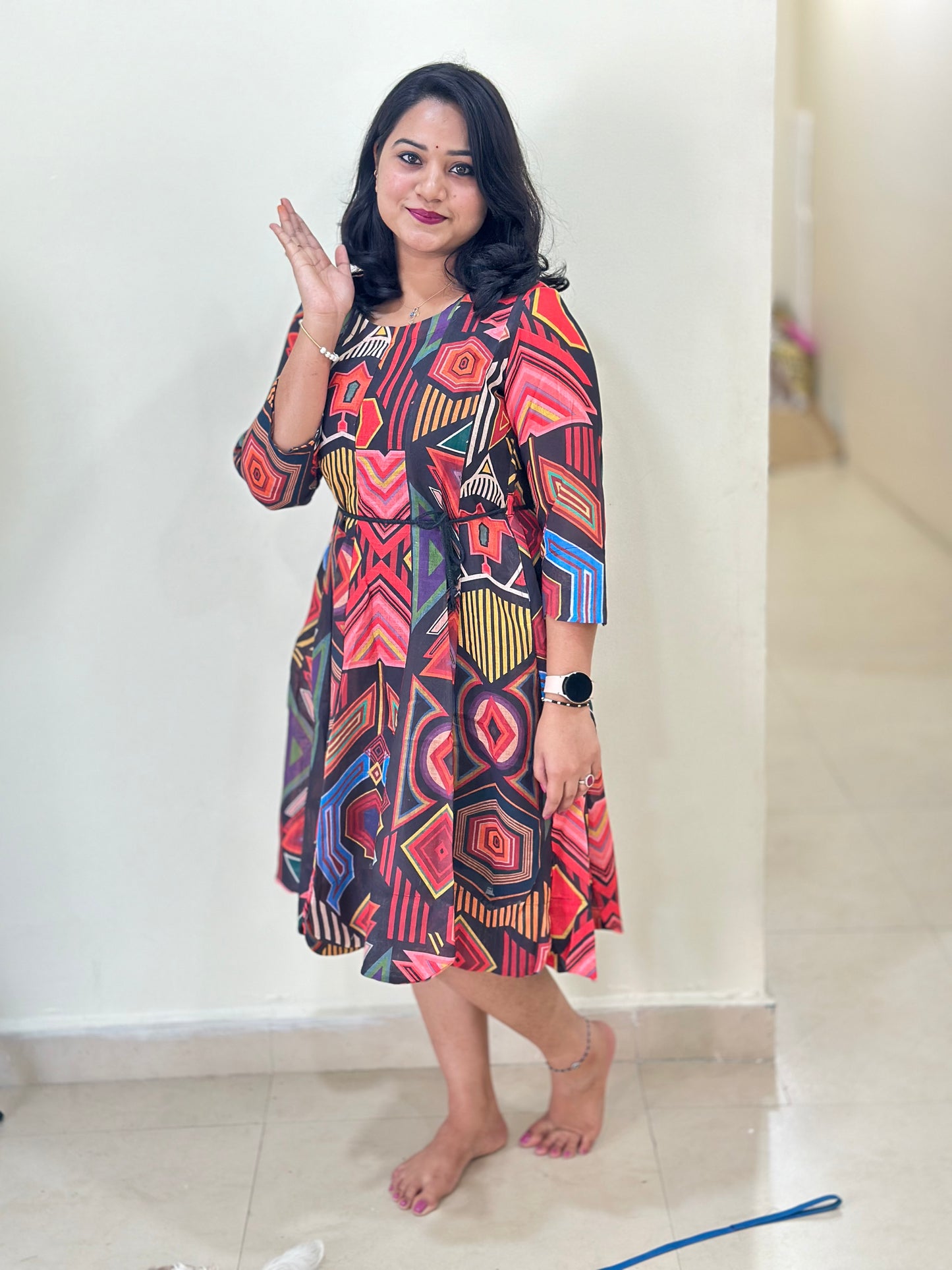 Women’s Indo-Western Cotton Linen Midi Dress with Geometric Print and Pockets – Sizes 36 to 44