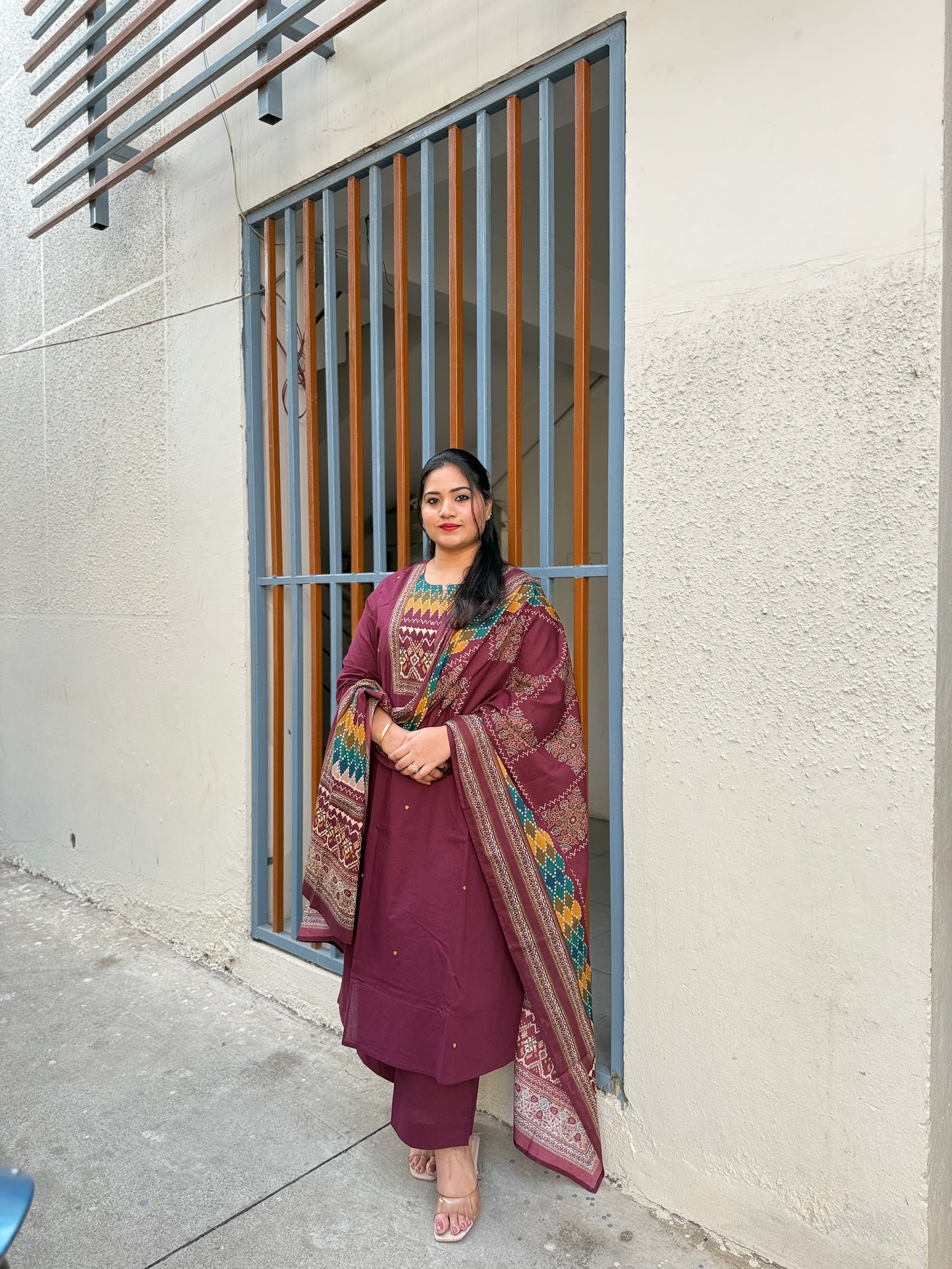 Cotton printed suit set for women with geometric yoke print, matching pant and dupatta