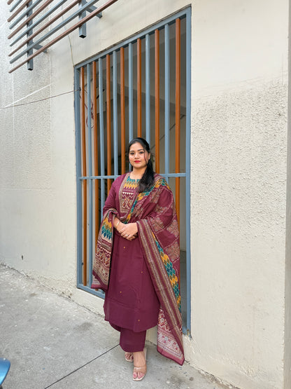 Cotton printed suit set for women with geometric yoke print, matching pant and dupatta