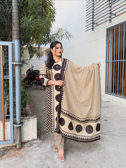 Beige and Black Cotton Printed Kurta Pant Dupatta Set for Women – Geometric Pattern Daily and Festive Wear