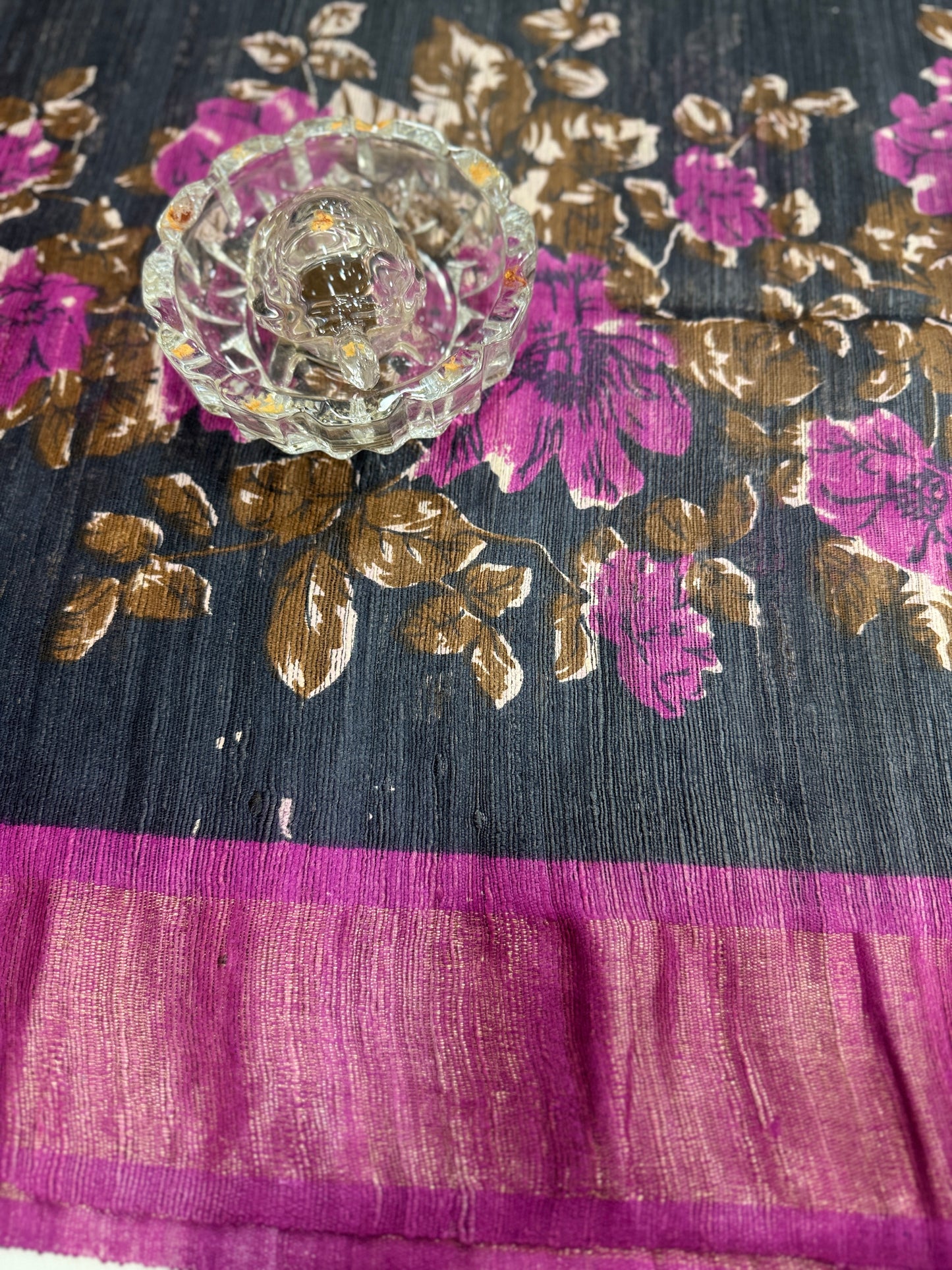 Pure Tussar Ghicha Silk Saree with Zari Border and Printed Design – Silk Mark Certified Handloom Saree