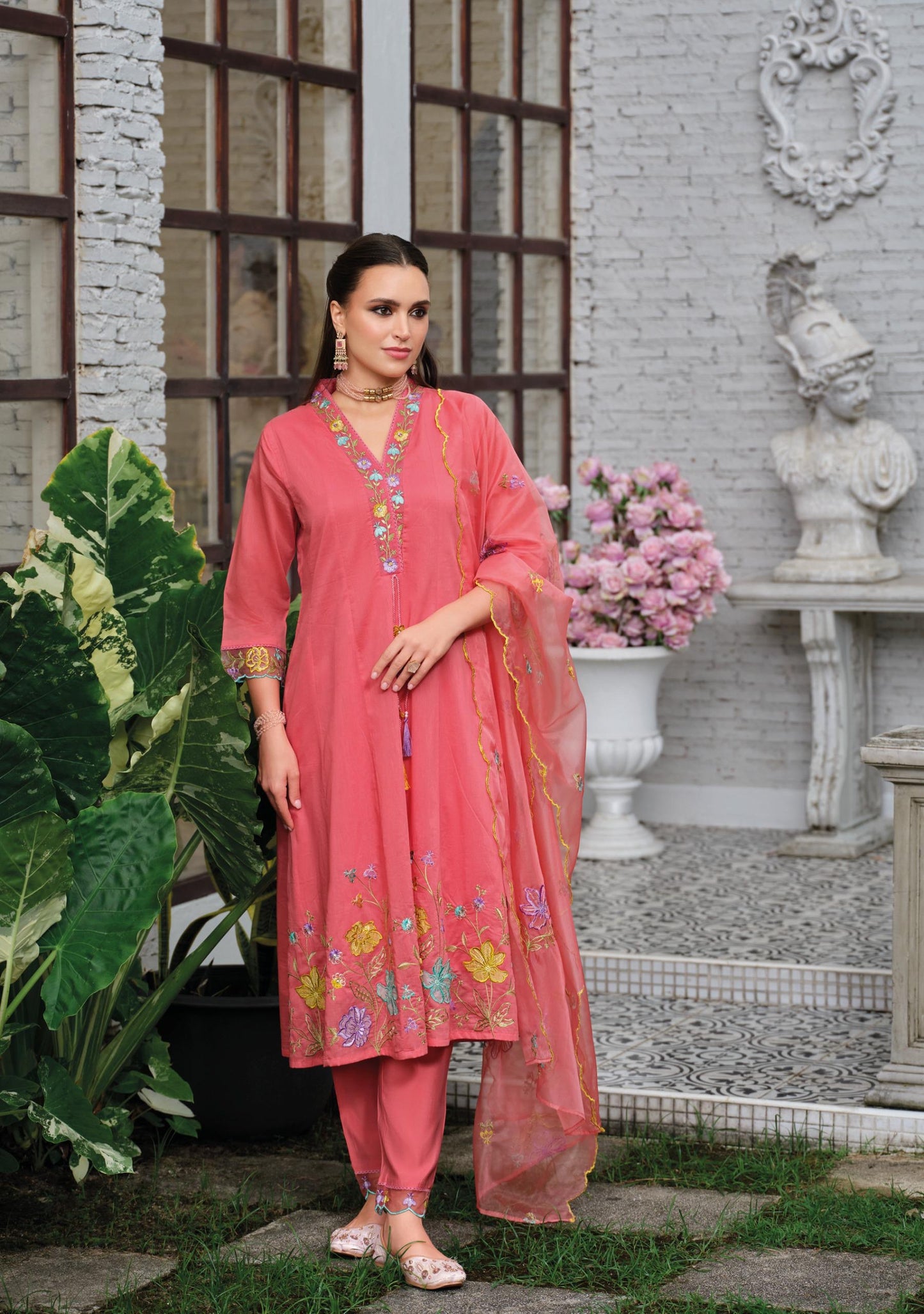 Pure Mul Chanderi Three-Piece Suit Set with Designer Thread and Handwork – Sizes XL and 2XL