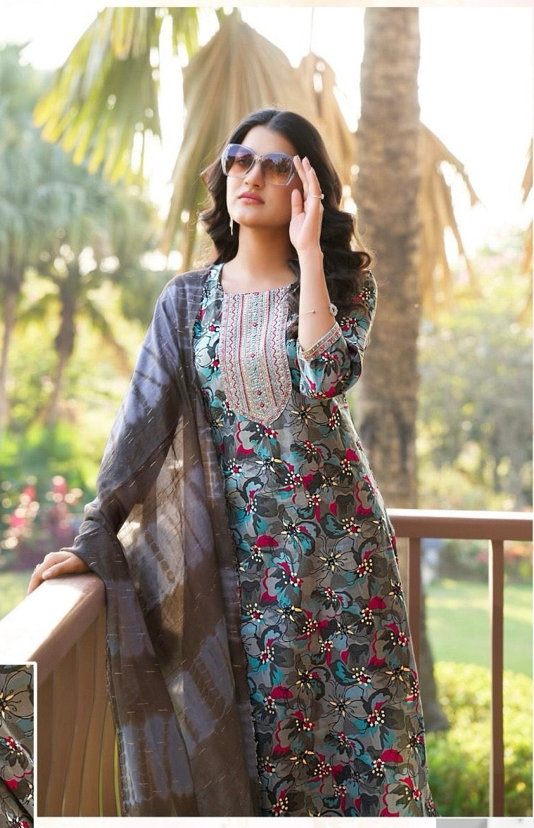 Roman Silk Modal Straight Suit Set with Foil Print, Embroidery and Chanderi Dupatta for Women