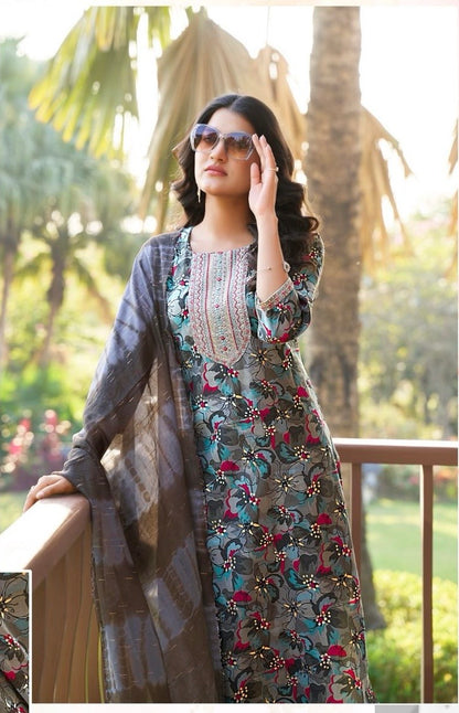 Roman Silk Modal Straight Suit Set with Foil Print, Embroidery and Chanderi Dupatta for Women