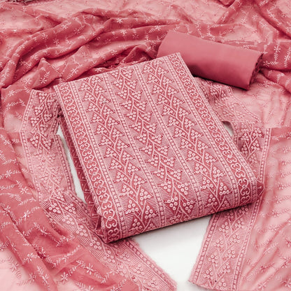 Unstitched Georgette Chiffli Embroidered Dress Material with Crepe Bottom and Georgette Chicken Work Dupatta