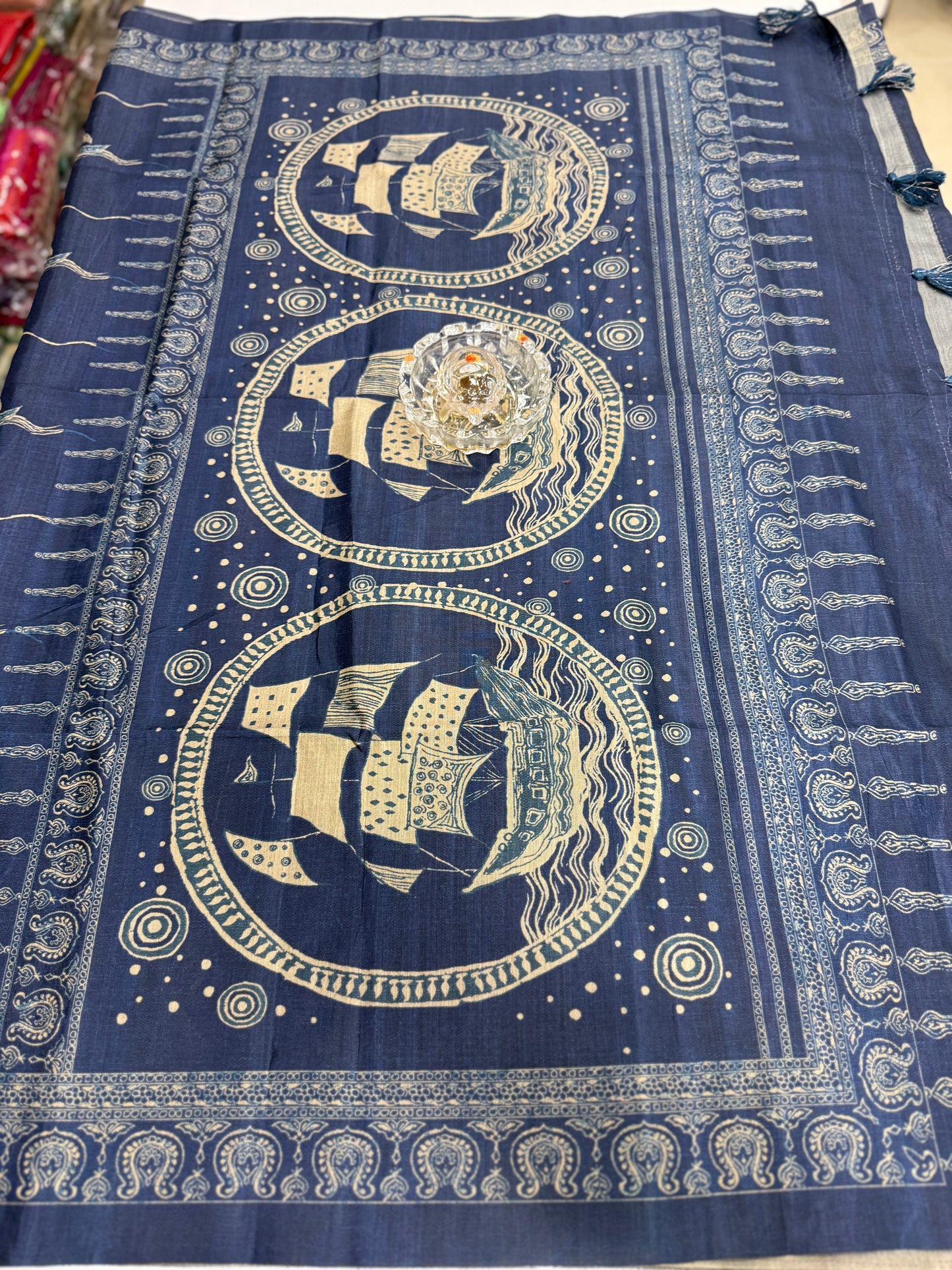 Semi Tussar Silk Saree with Ethnic Print Border and Tassel Pallu, Sea & Ships Print