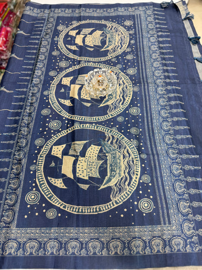 Semi Tussar Silk Saree with Ethnic Print Border and Tassel Pallu, Sea & Ships Print