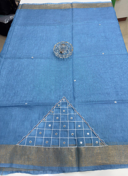 Pure Tissue 150 Count Linen Handloom Saree with Handwork and Running Blouse for Women