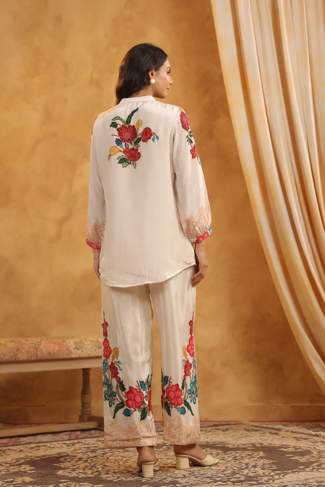 Premium Crepe Co-Ord Set with Floral Placement Print, Button and Tassel Detailing – Ethnic Wear for Women (38 to 44)